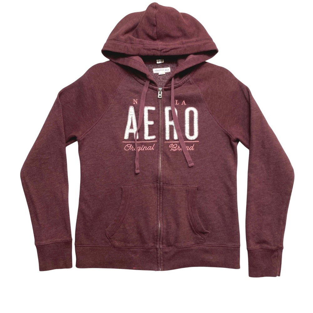 Aeropostale Hoodie Womens Medium Maroon Full Zip Aero Logo Sweatshirt Y2K